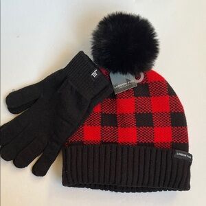 Pompom Plaid Beanie and Black Knit Gloves London Fog  Buffalo Plaid NWT